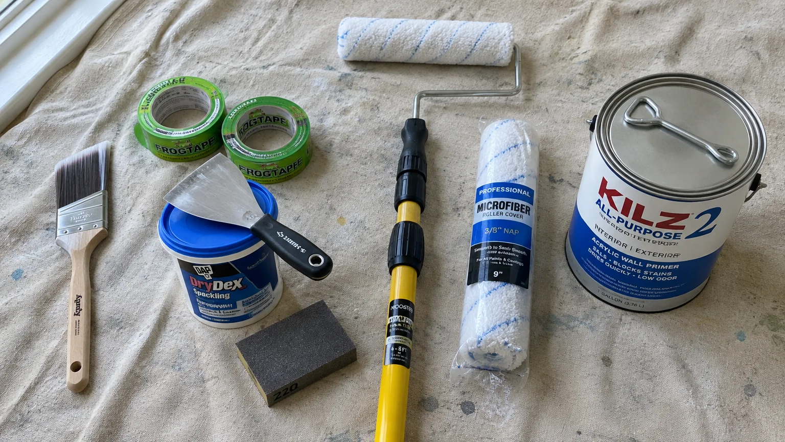Painting supplies arranged on a drop cloth including a roller with extension pole, primer can, brush, and tape.