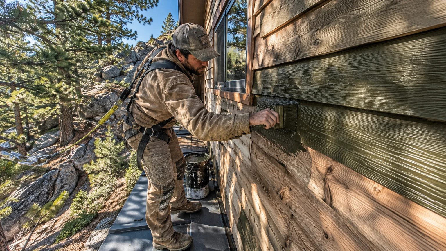 A man in a safety harness stands on a narrow ledge, using a wide brush to paint wooden cabin siding dark green.