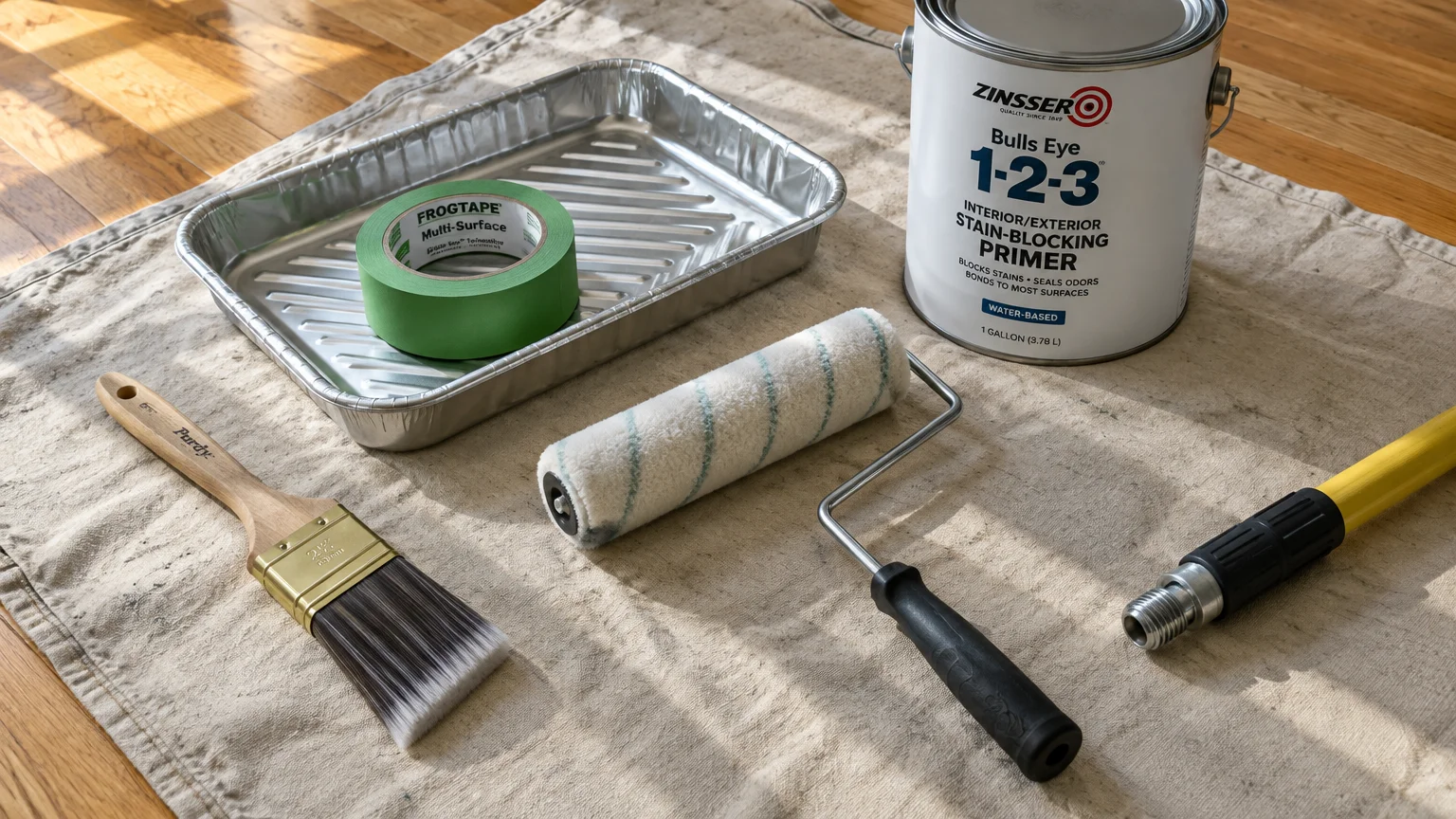 Painting supplies on a canvas drop cloth, including a primer can, paint tray, green tape, paintbrush, and roller.