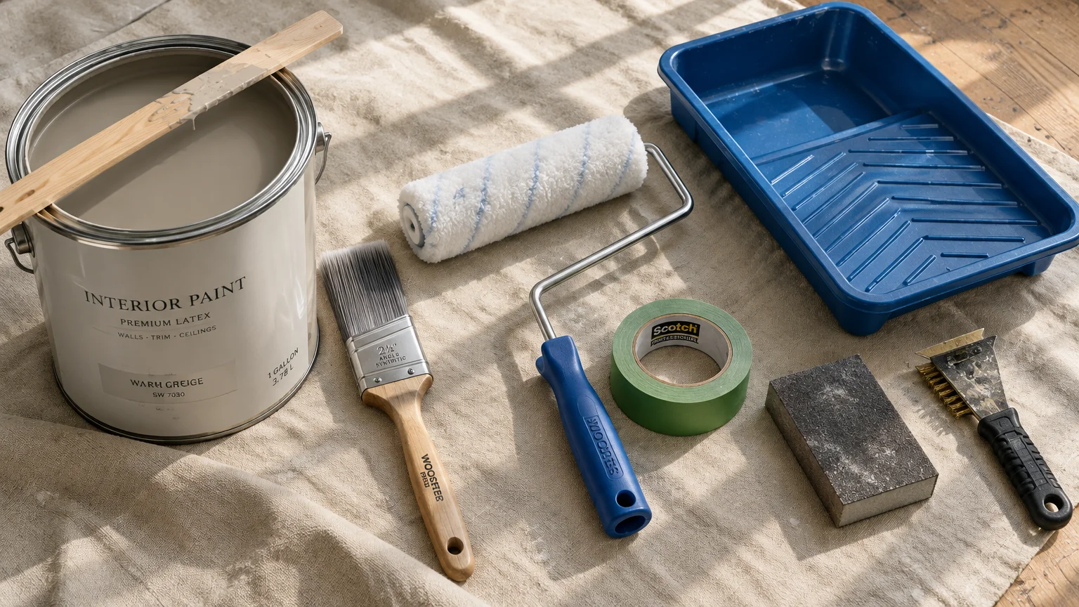 Paint can with stir stick, angled brush, roller, blue tray, green painter's tape, sanding block, and scraper on a drop cloth.
