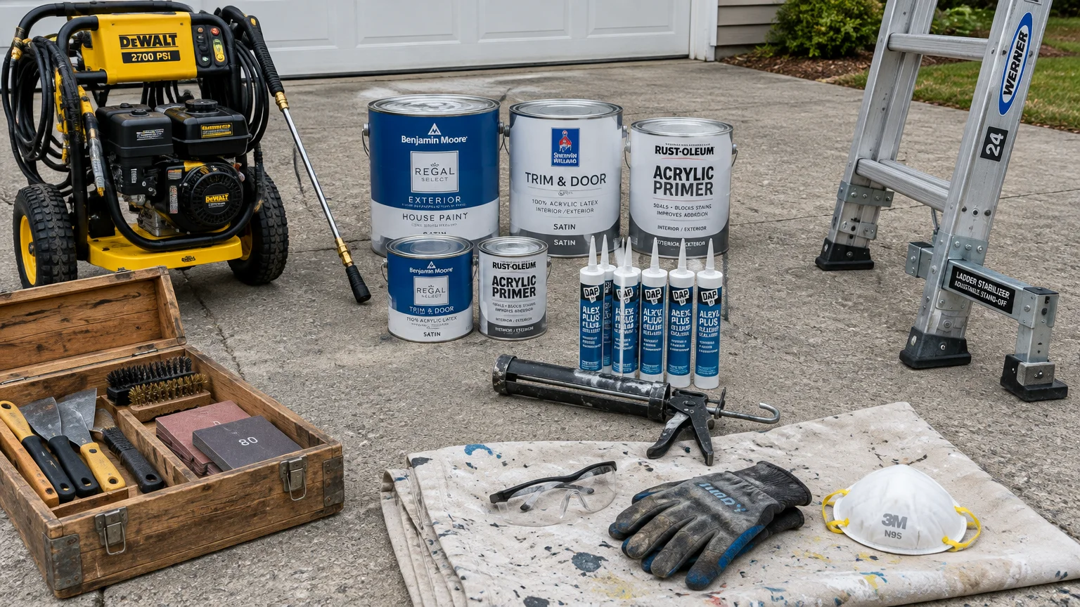 Pressure washer, paint cans, primer, caulk tubes, ladder, scraping tools in a wooden box, and safety gear on a driveway.