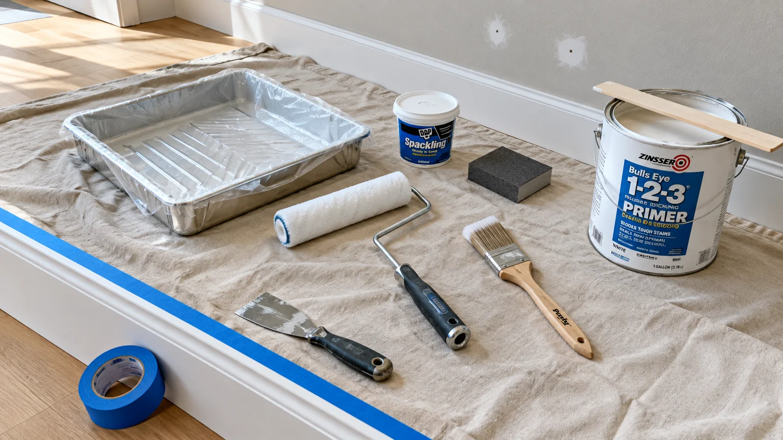 Painting supplies, including a primer can, roller, brush, tray, and blue painter's tape, arranged on a canvas drop cloth.