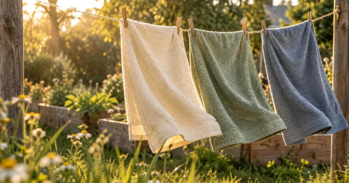 White, green, and blue bath towels hanging with clothespins on a clothesline in a sunlit garden with wooden planters.