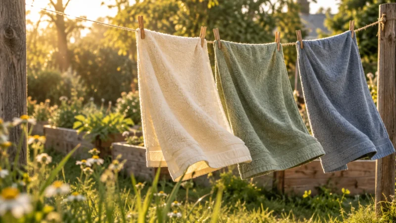 White, green, and blue bath towels hanging with clothespins on a clothesline in a sunlit garden with wooden planters.