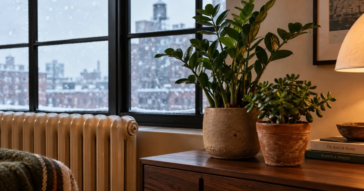 Potted ZZ and jade plants on a wooden credenza beside a radiator, with snow falling outside the window.
