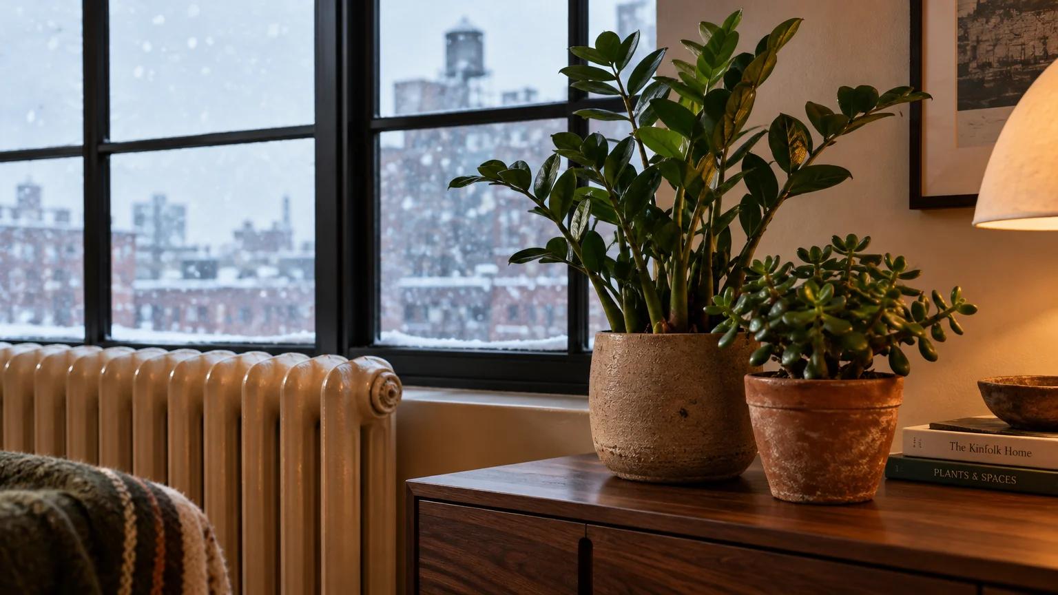 Potted ZZ and jade plants on a wooden credenza beside a radiator, with snow falling outside the window.
