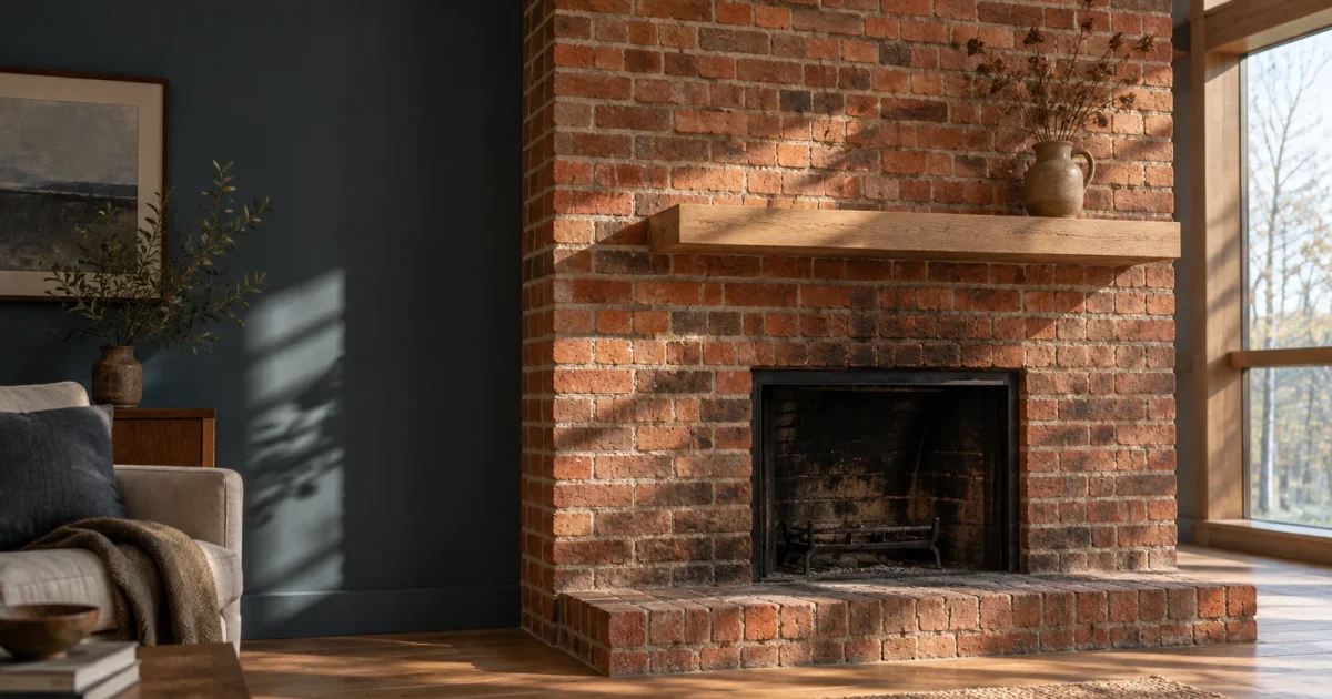 Red brick fireplace with a wood mantel set against a dark teal wall in a sunlit living room.