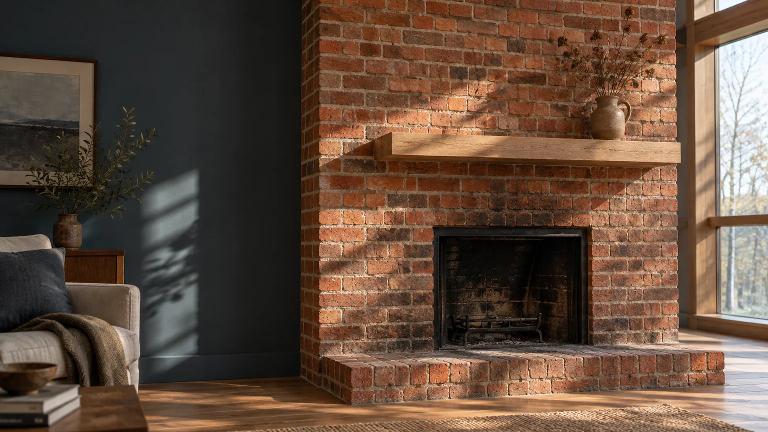 Red brick fireplace with a wood mantel set against a dark teal wall in a sunlit living room.