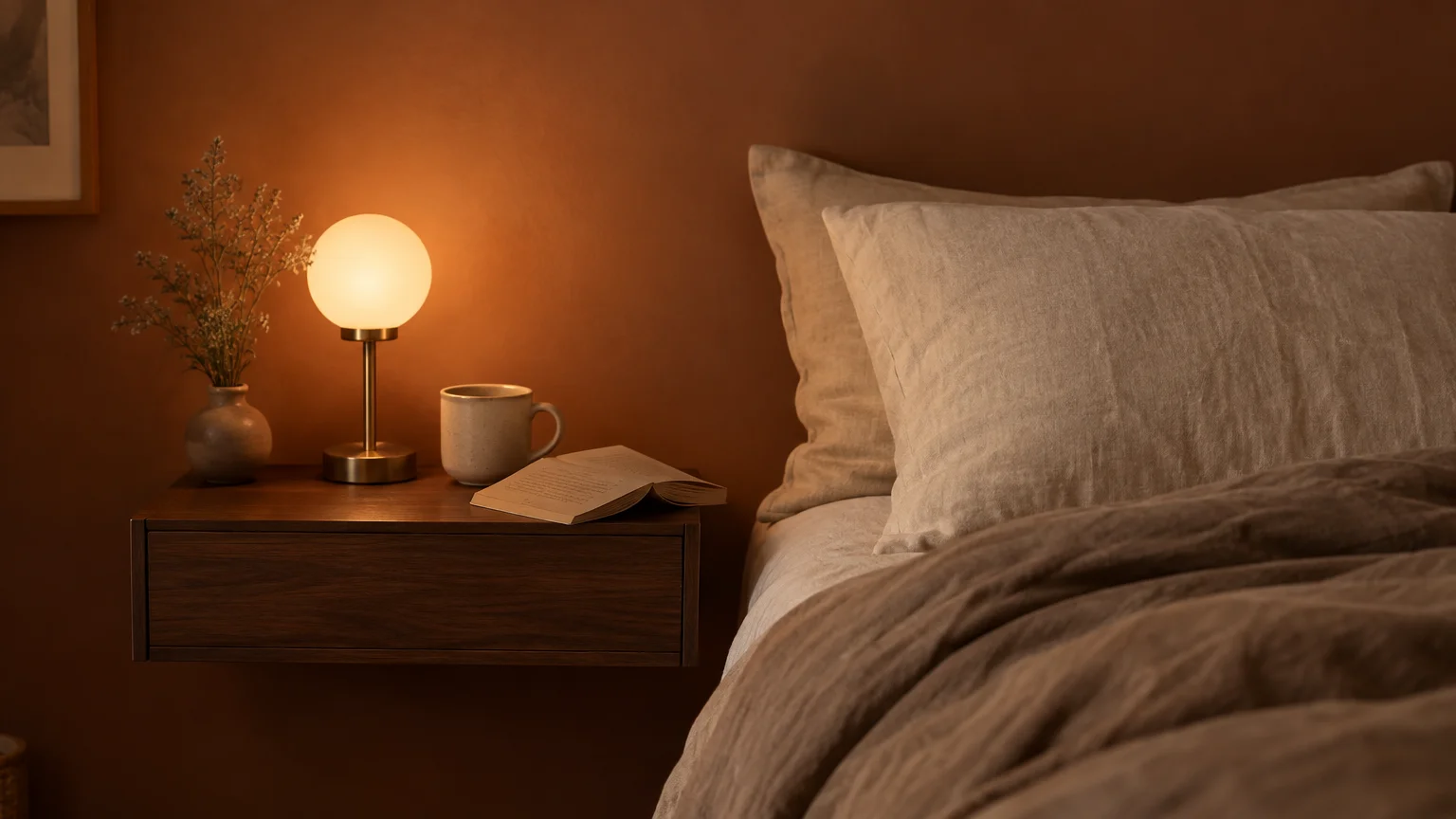 Glowing globe lamp, mug, and open book on a floating wooden nightstand next to a bed with neutral linen pillows.
