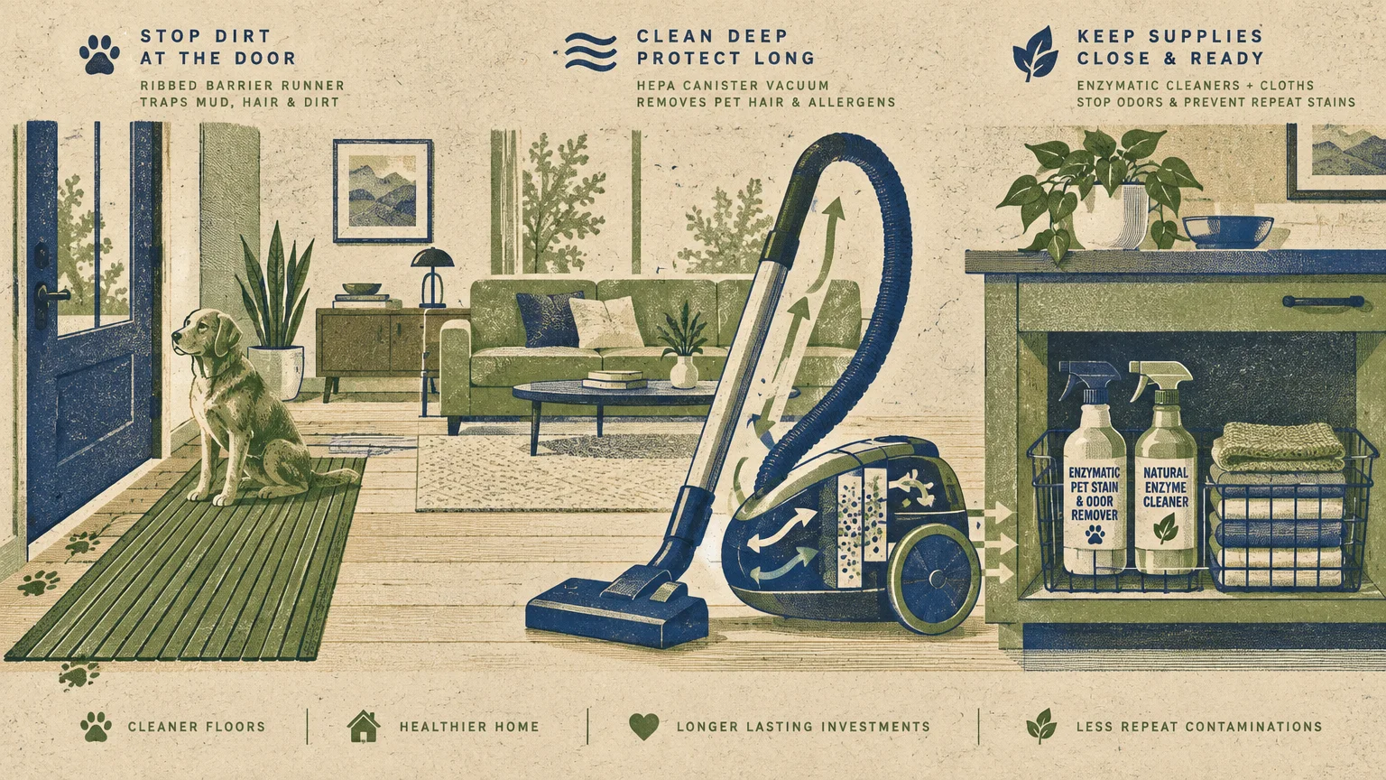 Illustration of a dog on a runner, a canister vacuum with HEPA filter diagram, and enzyme cleaners on a shelf.
