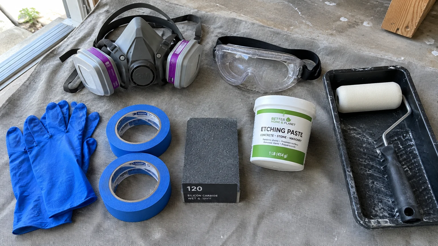 Respirator mask, safety goggles, blue nitrile gloves, painter's tape, sanding block, etching paste, and roller tray.