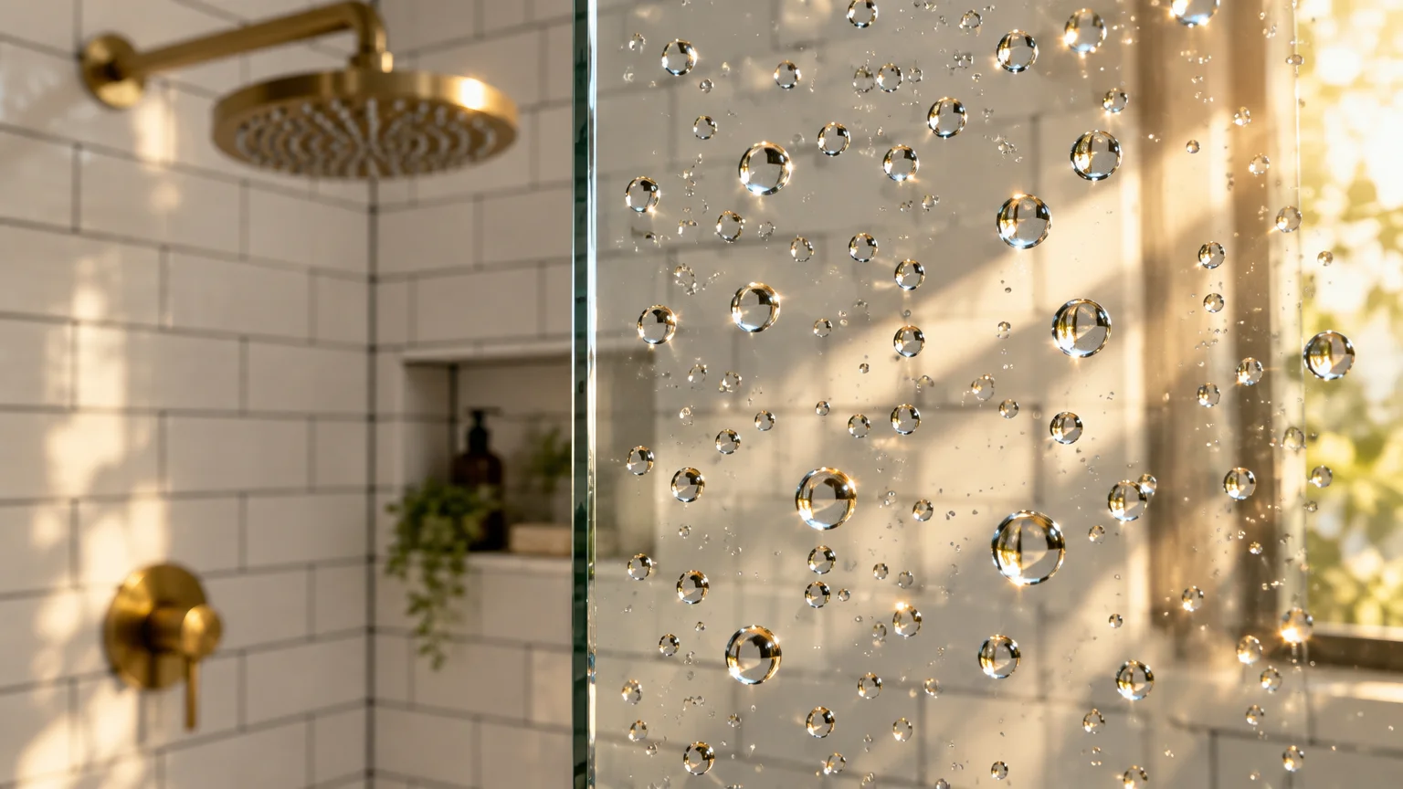 Water droplets beaded on a glass shower panel in front of brushed bronze fixtures and white subway tile.