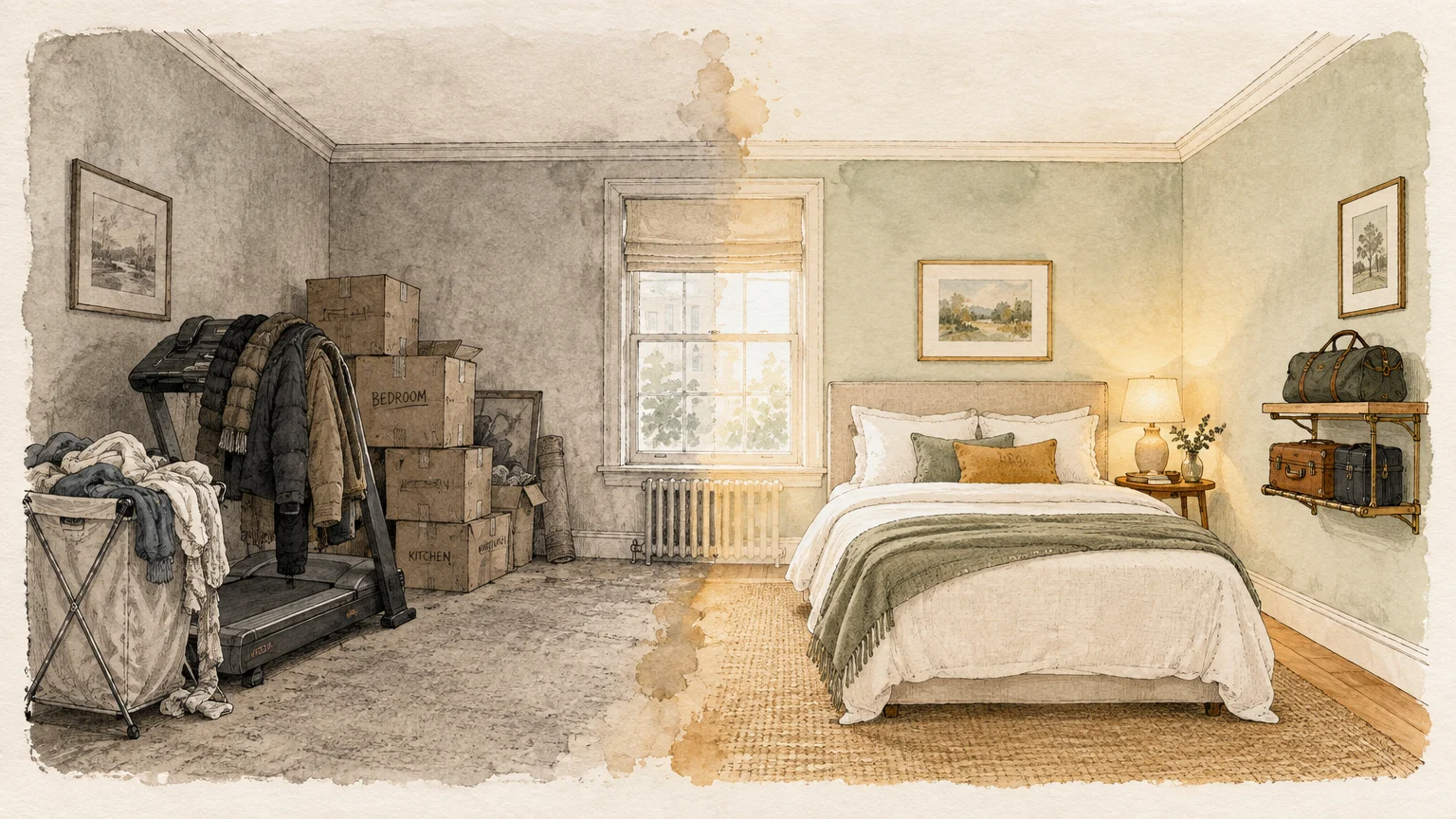 Split illustration showing a cluttered storage room with boxes and laundry transitioning into a serene, styled guest bedroom.