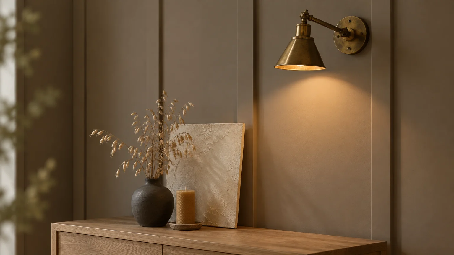 Brass wall sconce lighting a paneled wall above a wooden console table with a vase of dried stems and a candle.