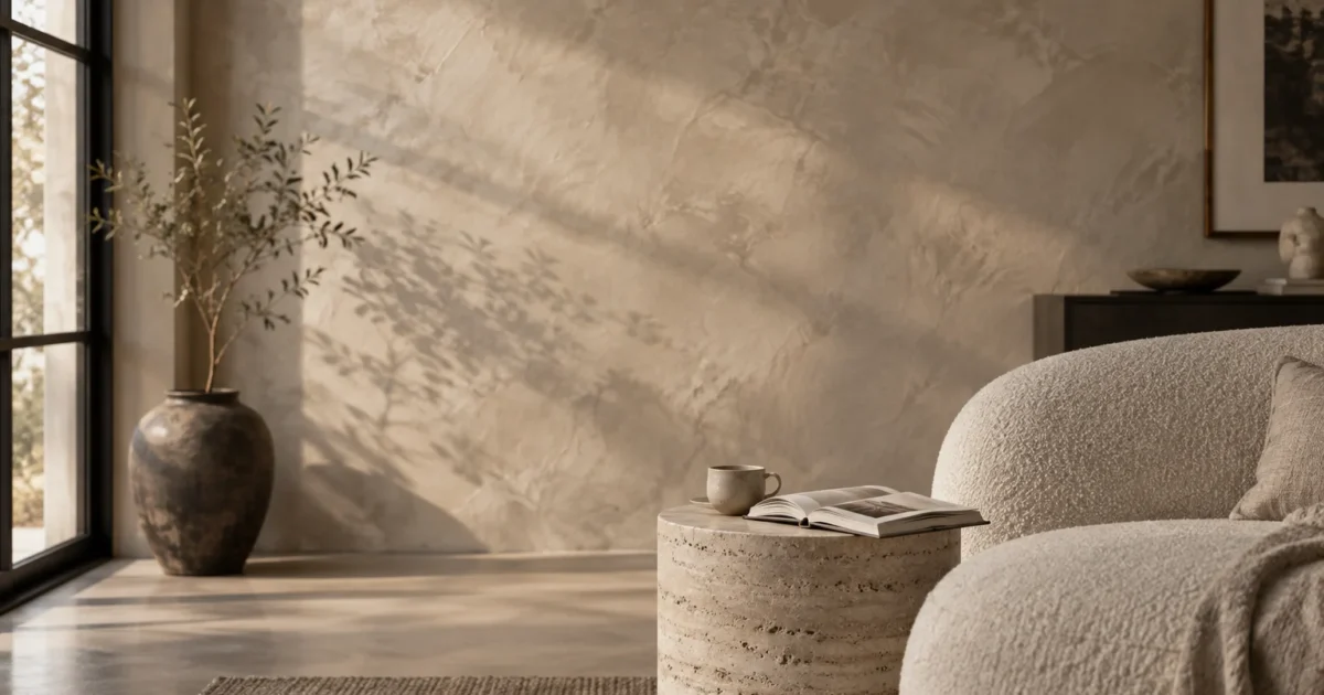 Sunlit living room featuring a textured plaster wall, potted plant, stone side table with a book, and boucle sofa.