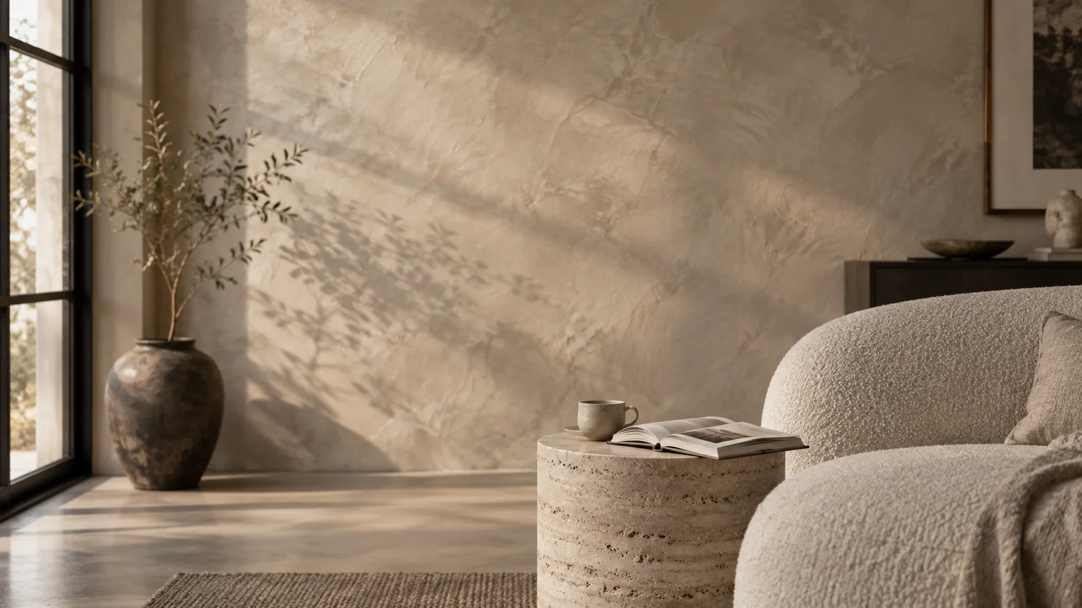 Sunlit living room featuring a textured plaster wall, potted plant, stone side table with a book, and boucle sofa.