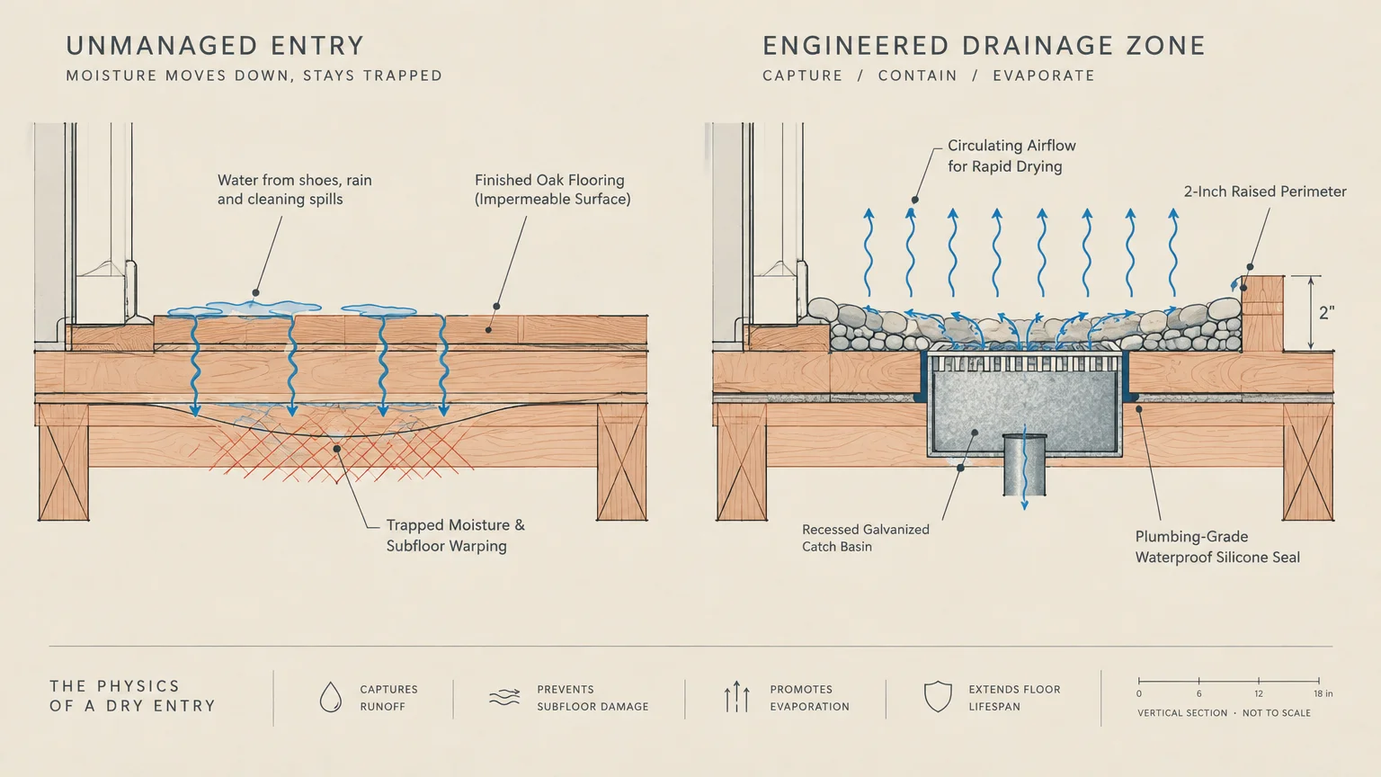 Cross-section diagram comparing an unmanaged entryway floor warping with trapped moisture to an engineered drainage zone.