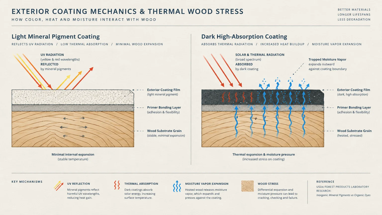 Diagram comparing thermal expansion and moisture vapor pressure in light mineral pigment coating versus dark coating on wood.