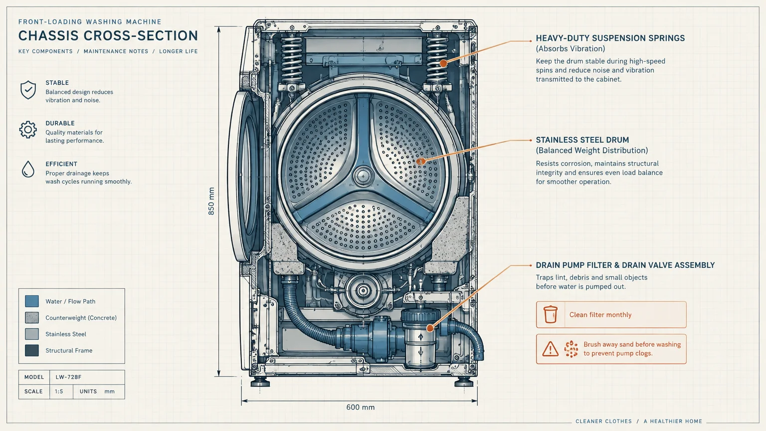 Cross-section diagram of a front-loading washing machine chassis detailing the drum, suspension springs, and drain pump.