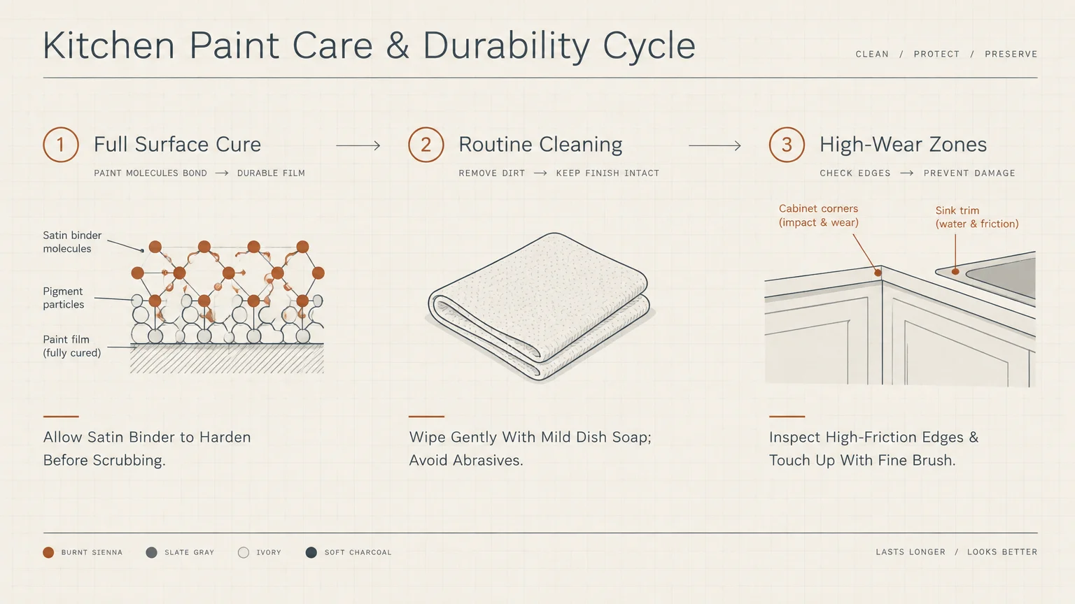 Diagram outlining a three-step kitchen paint care cycle: full surface cure, routine cleaning, and high-wear zones.