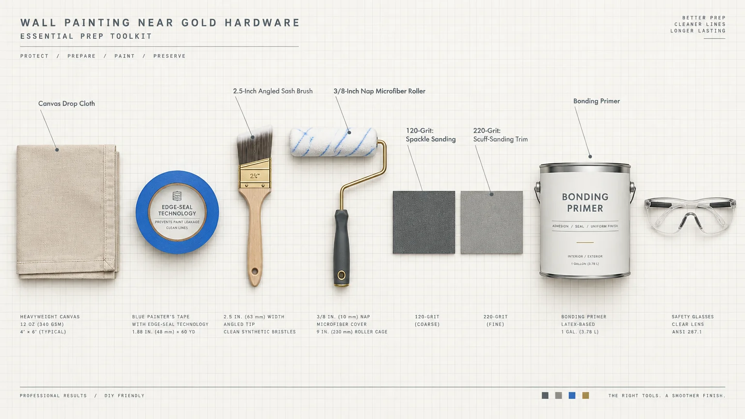 Diagram of wall painting toolkit with drop cloth, painter's tape, brush, roller, sandpaper, primer, and safety glasses.