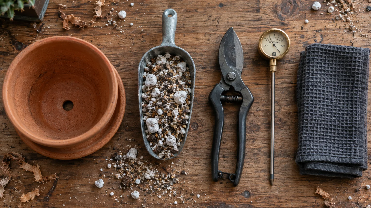Overhead view of a terracotta pot, a scoop of potting mix, pruning shears, a soil moisture meter, and a towel on wood.