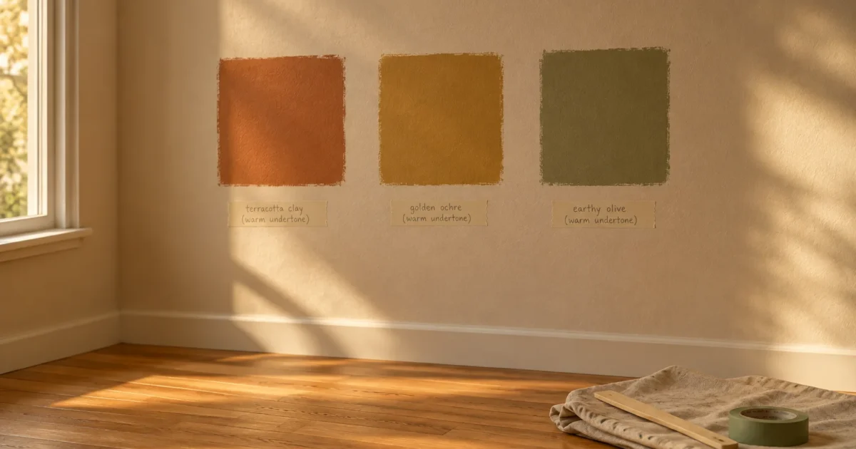Three square paint swatches in terracotta, ochre, and olive on a beige wall above hardwood flooring and painting supplies.