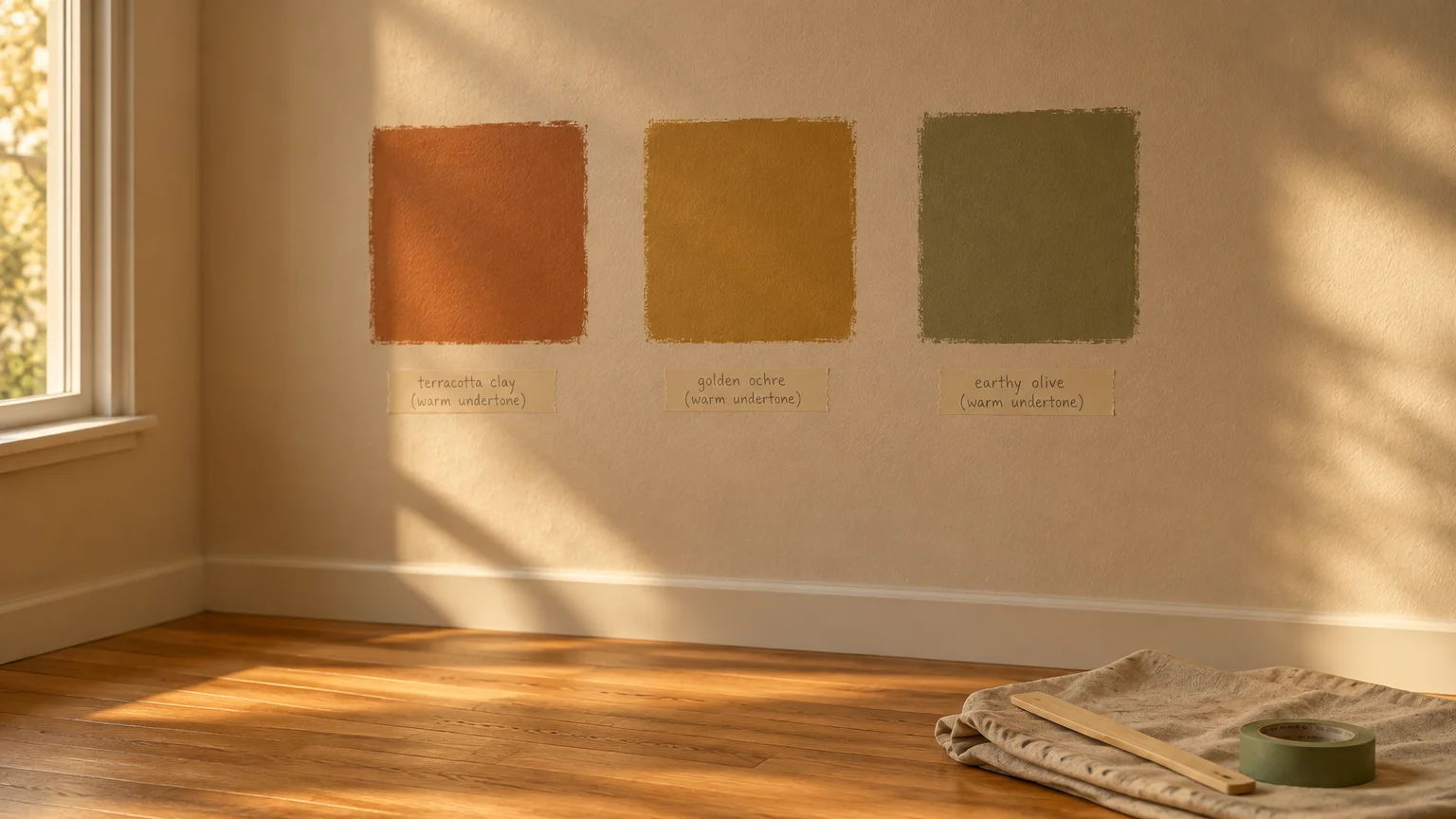 Three square paint swatches in terracotta, ochre, and olive on a beige wall above hardwood flooring and painting supplies.