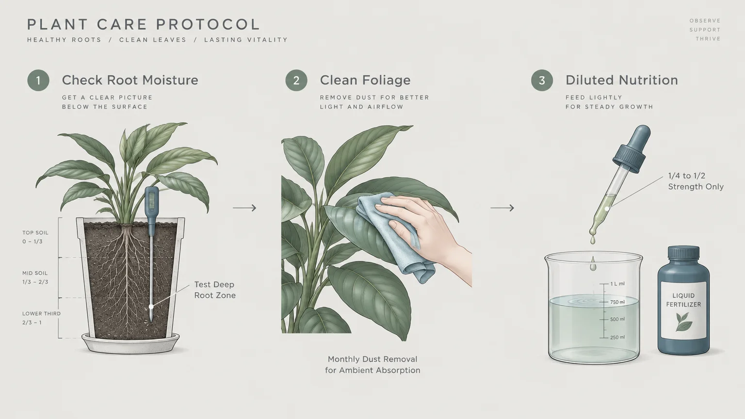 Three-step plant care diagram showing a soil moisture meter test, wiping a leaf with a cloth, and diluting liquid fertilizer.