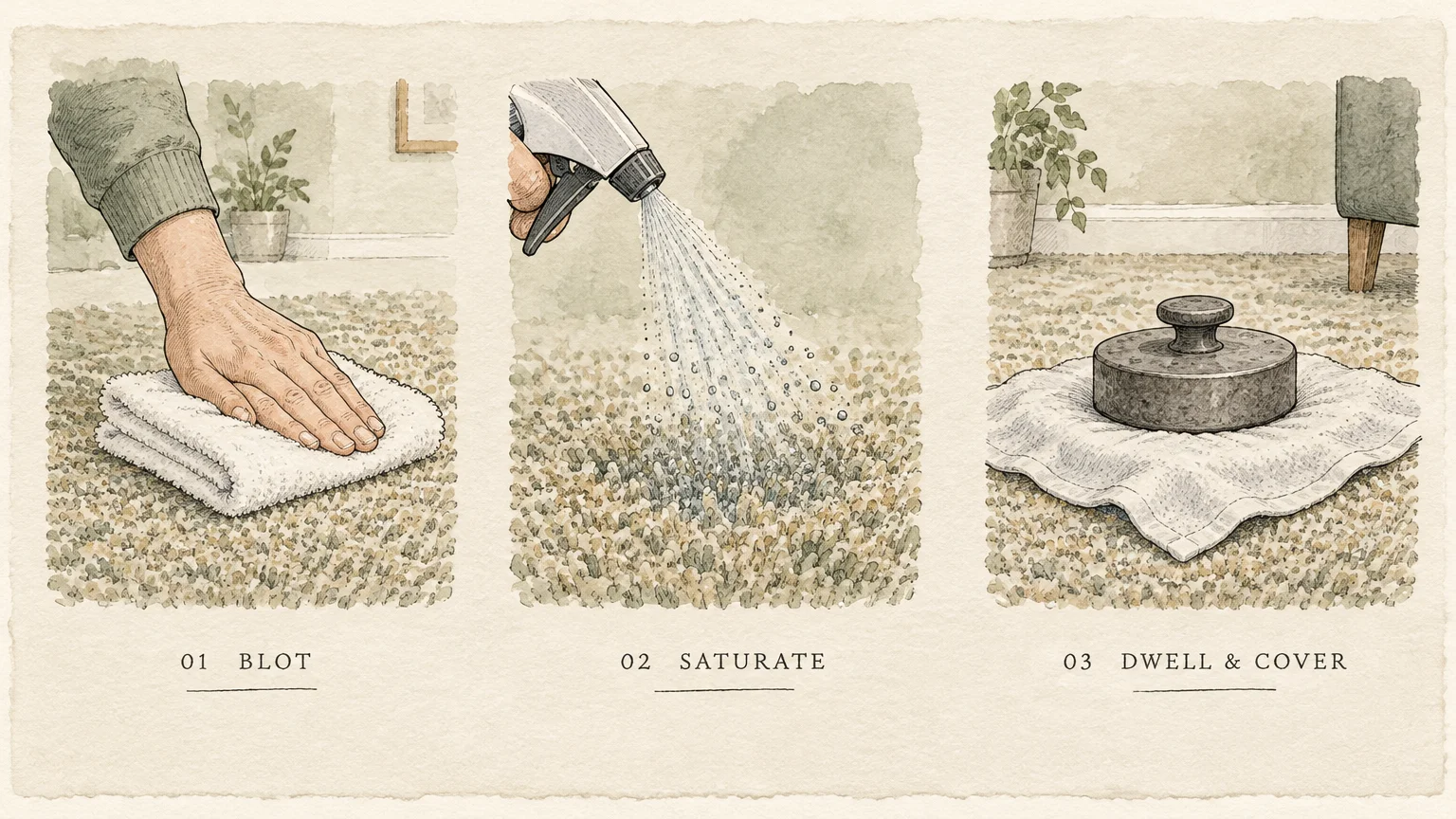 Three-panel watercolor illustration showing steps to clean carpet: blotting with a towel, spraying liquid, and weighting a cloth.