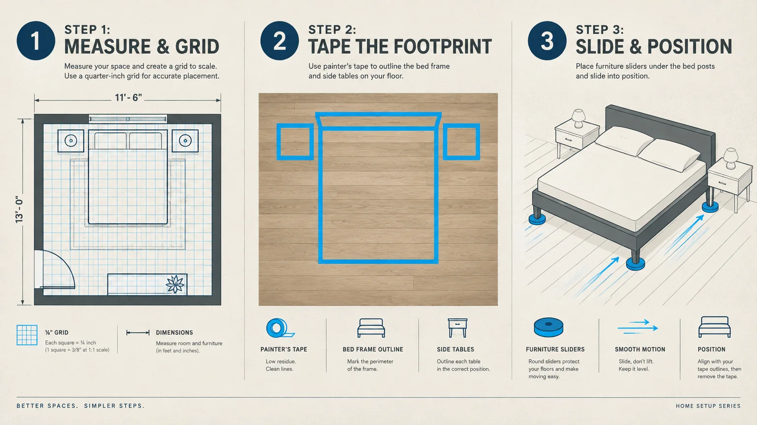Three-step diagram for bedroom layout: measuring on a grid, taping furniture footprints, and sliding furniture into place.