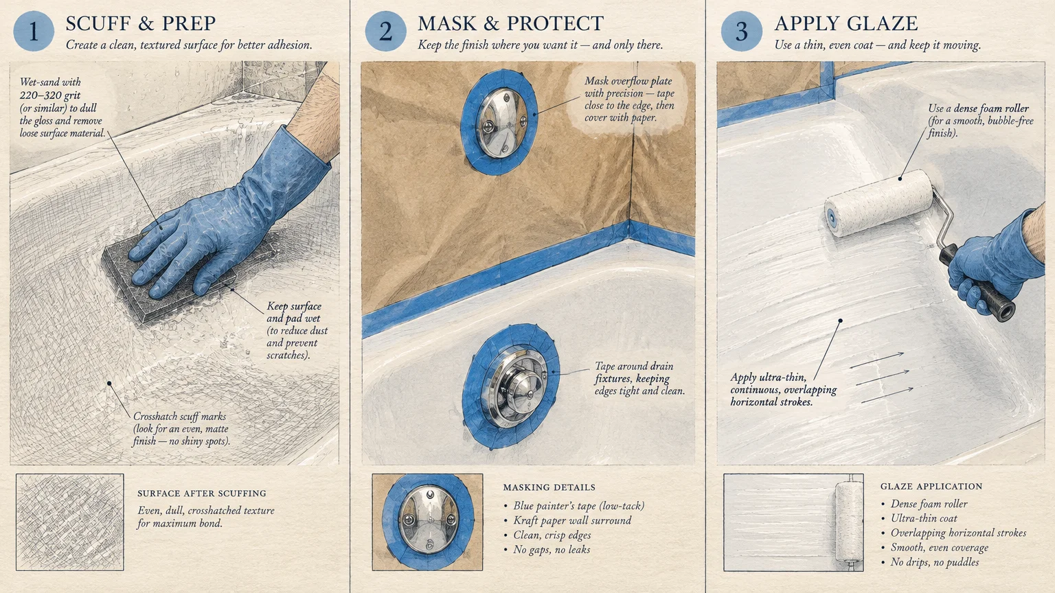 Three-panel diagram illustrating bathtub refinishing steps: scuffing the surface, masking fixtures, and rolling on glaze.