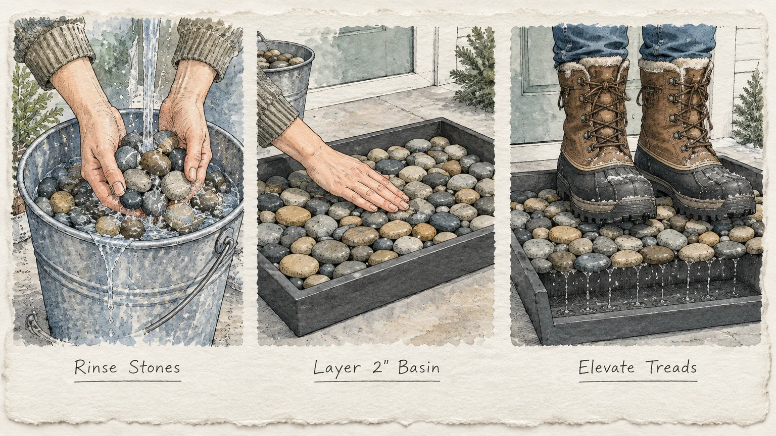 Three-panel watercolor diagram showing how to rinse stones, layer them in a tray, and place wet winter boots on top.