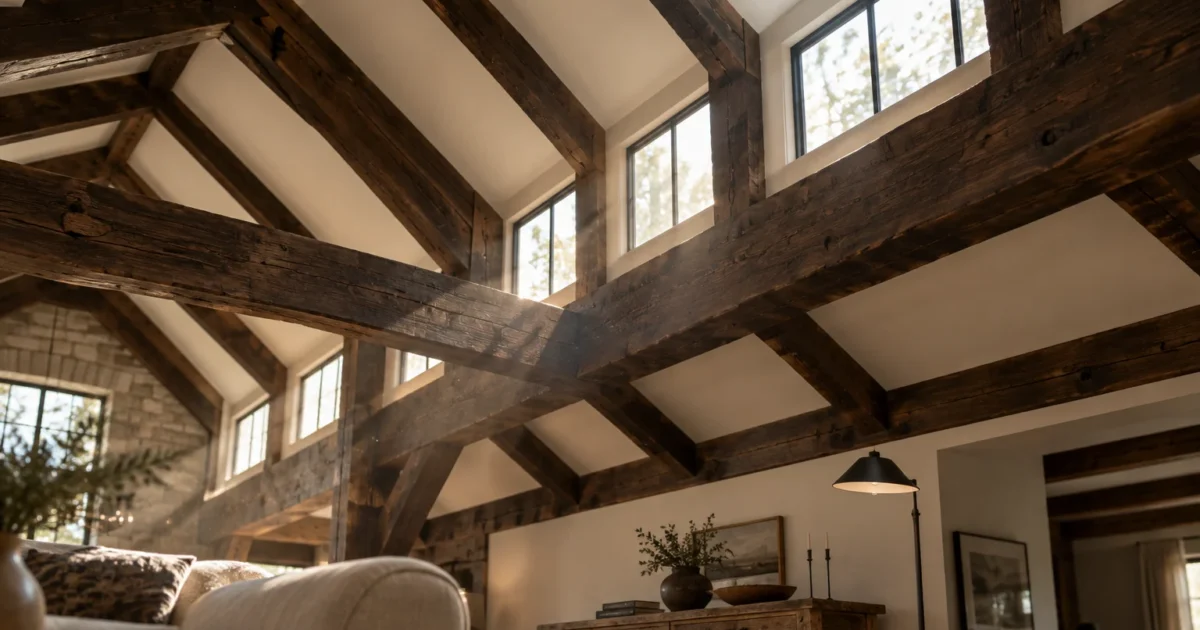 Vaulted living room with heavy dark timber ceiling beams, clerestory windows, white walls, and a rustic console table.