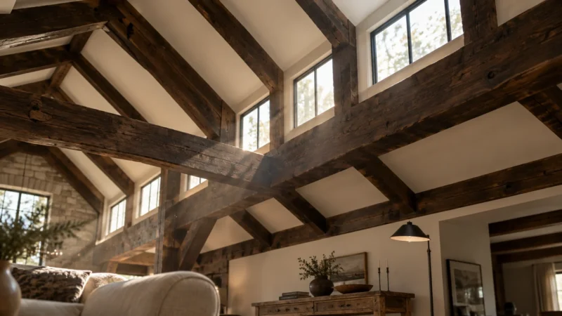 Vaulted living room with heavy dark timber ceiling beams, clerestory windows, white walls, and a rustic console table.