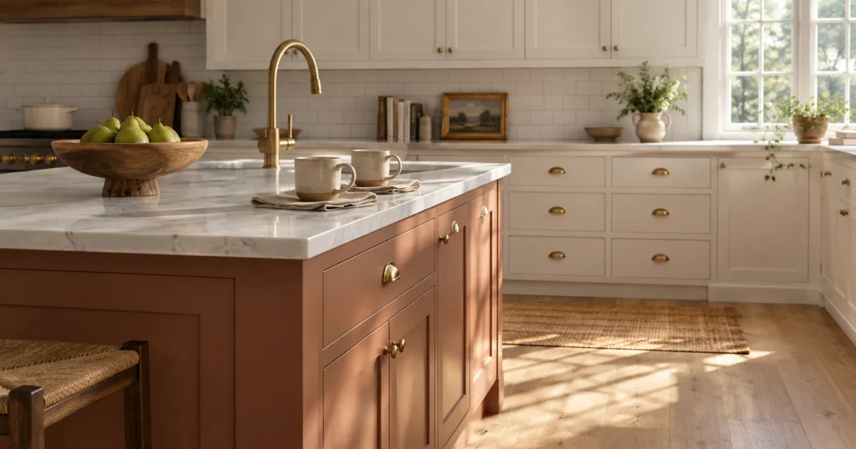 Warm terracotta painted island with a marble countertop in a bright kitchen with white cabinets and brass hardware.