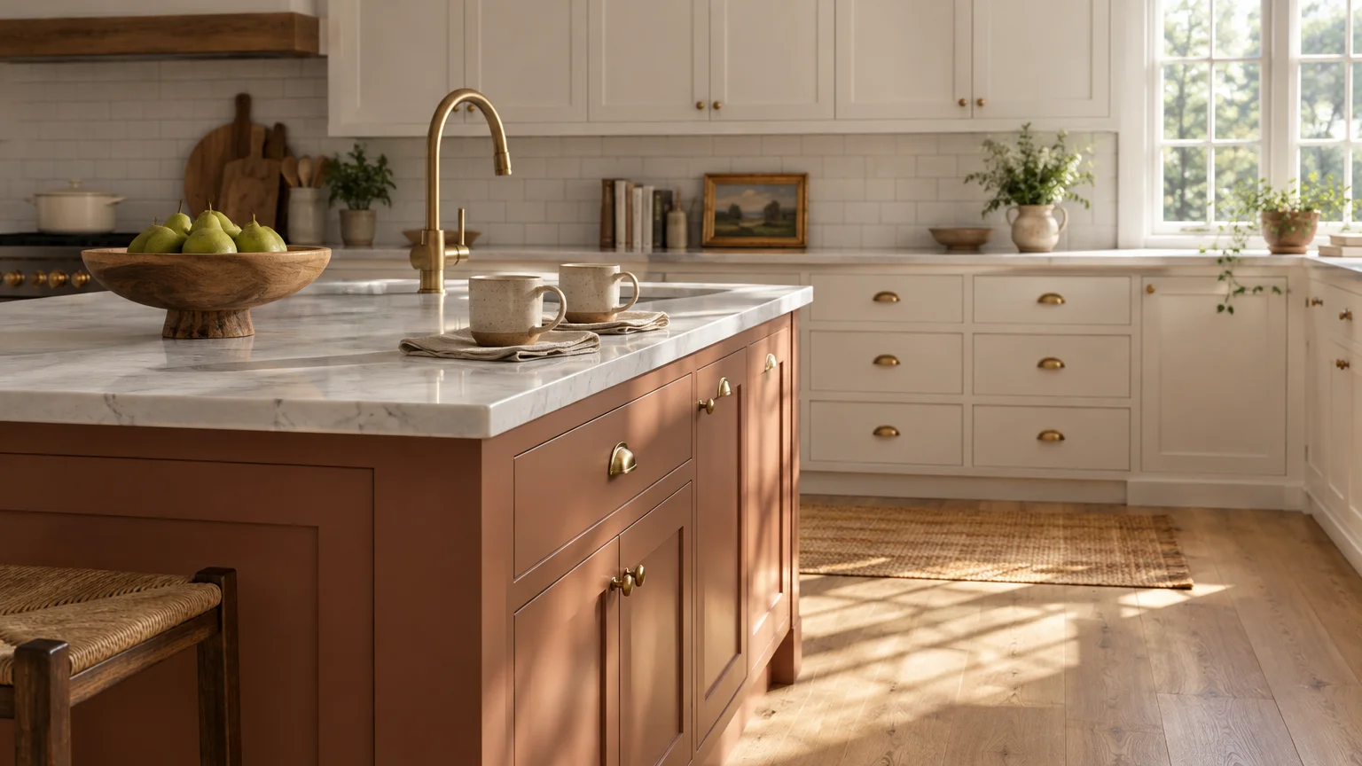 Warm terracotta painted island with a marble countertop in a bright kitchen with white cabinets and brass hardware.