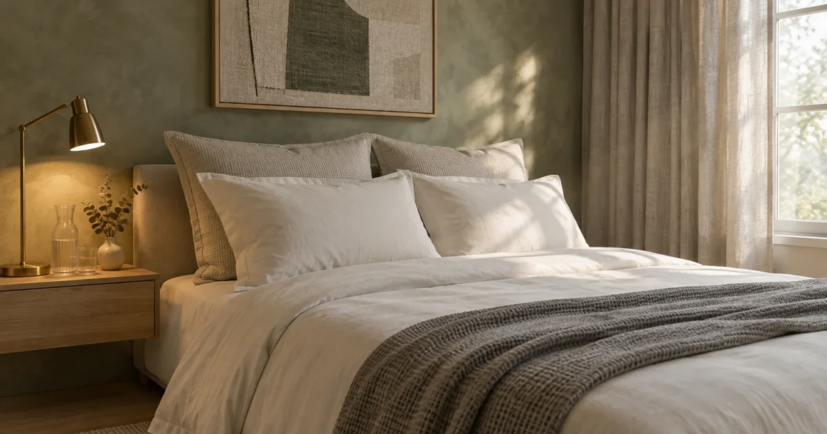 A neatly made bed with neutral linen pillows and a throw blanket beside a glowing brass lamp on a nightstand.