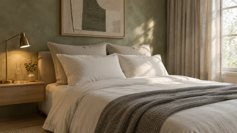 A neatly made bed with neutral linen pillows and a throw blanket beside a glowing brass lamp on a nightstand.
