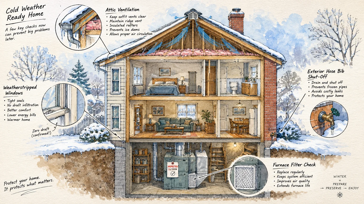 Cutaway illustration of a winterized house showing the attic, living areas, basement furnace, and exterior maintenance callouts.