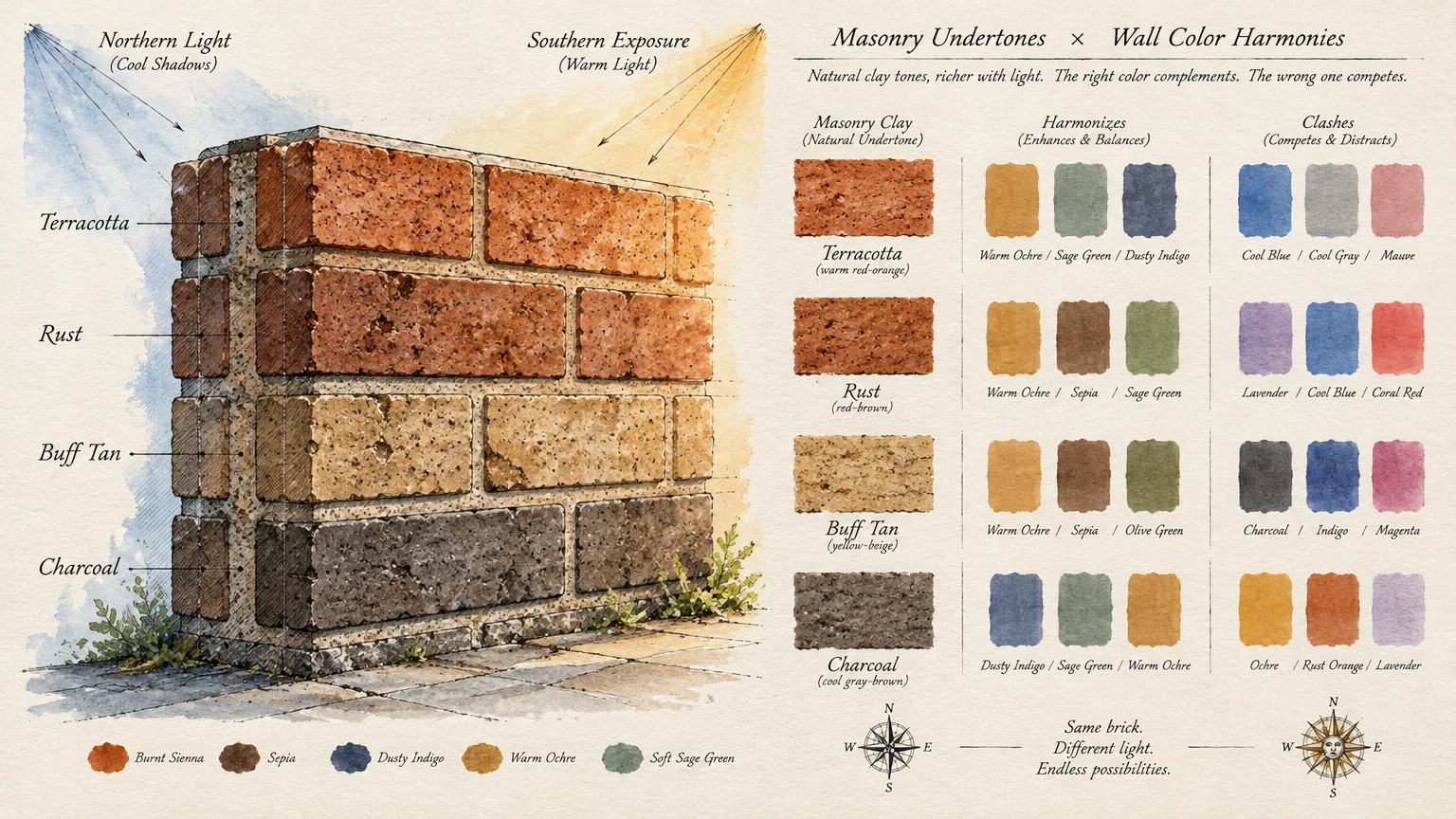 Illustrated chart pairing terracotta, rust, buff tan, and charcoal brick undertones with harmonious and clashing paint swatches.