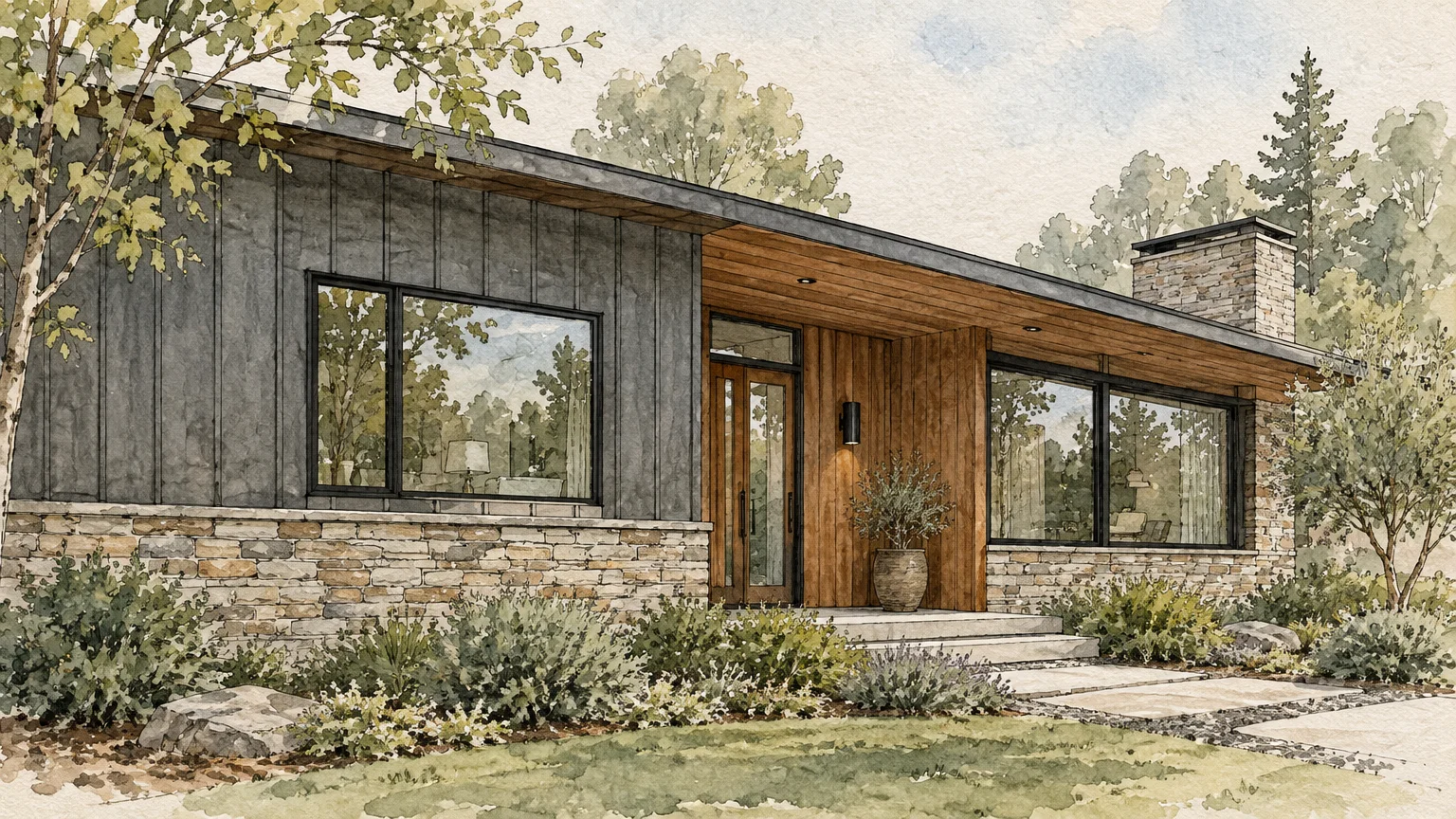 Watercolor illustration of a modern house exterior with dark vertical siding, wood paneling, and a stone foundation skirt.