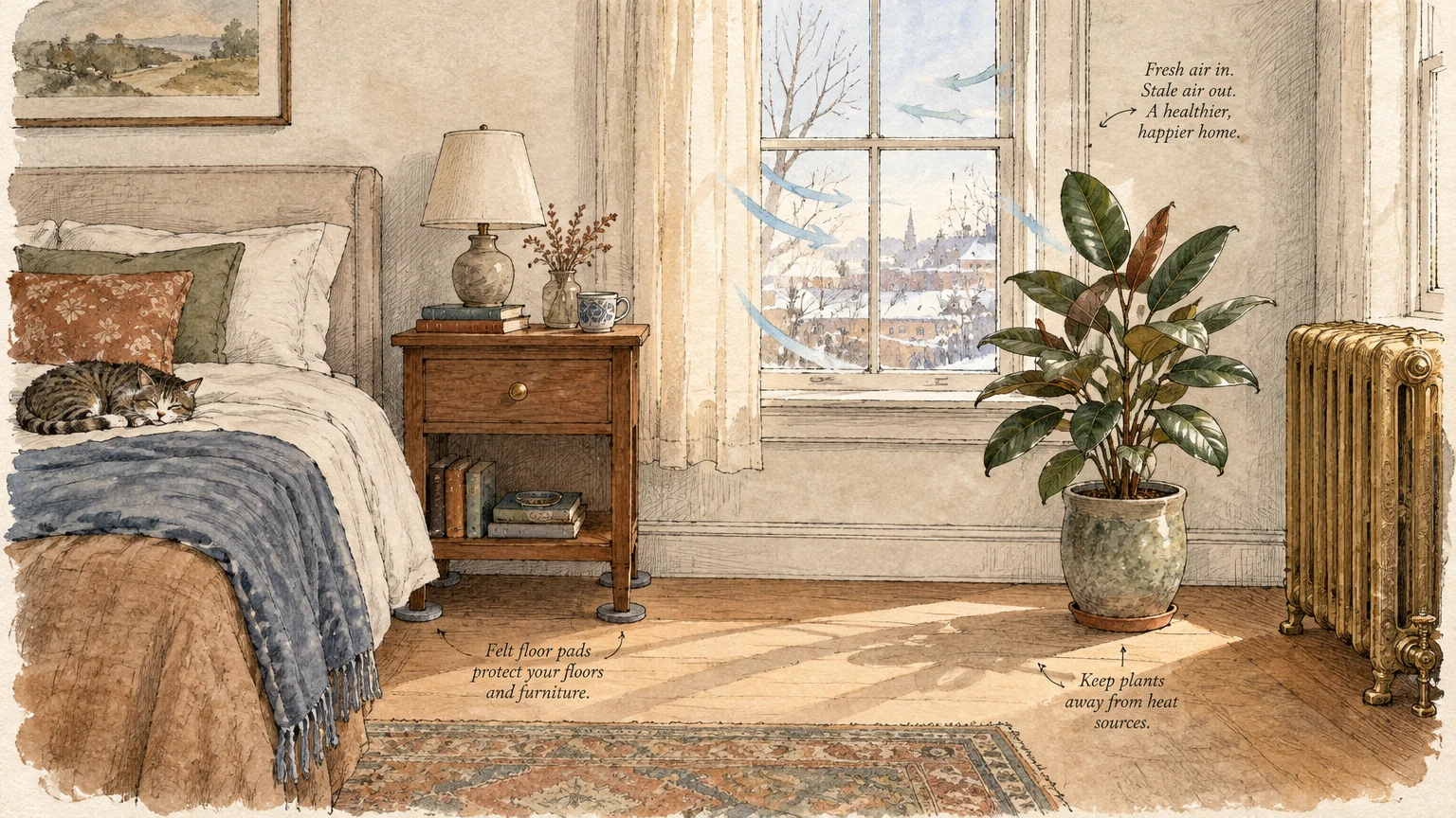 Illustration of a cozy bedroom with a sleeping cat on a bed, potted plant near a radiator, and notes pointing to floor pads.