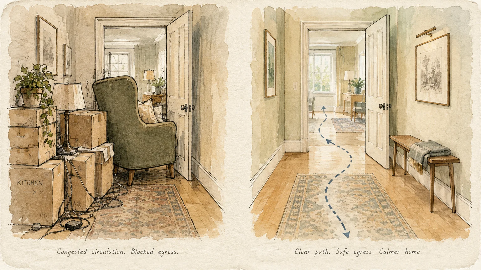 Watercolor comparison of a cluttered hallway blocked by boxes versus a clear, open corridor with an entryway bench.