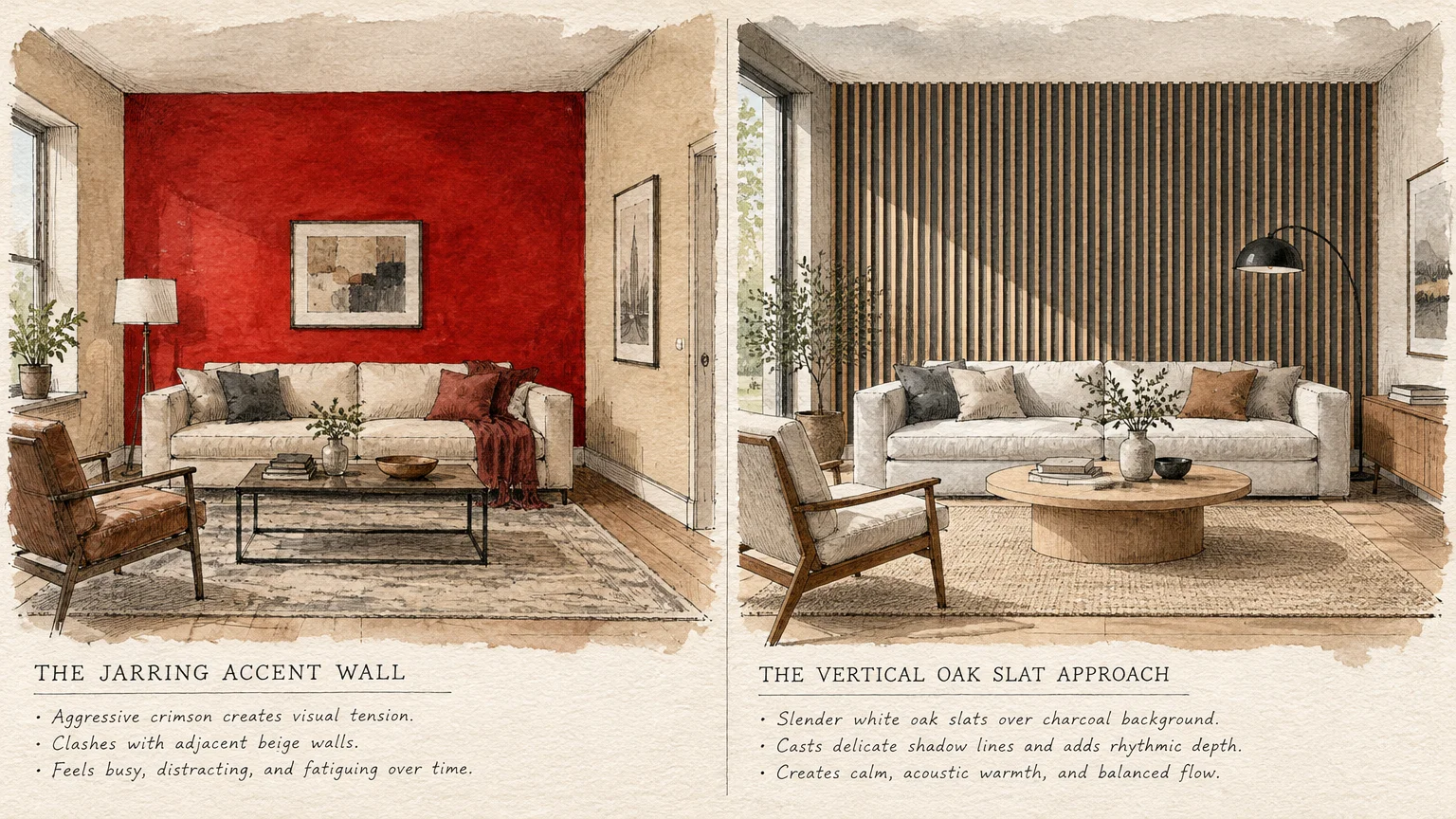 Side-by-side watercolor sketch comparing a bold crimson accent wall with a vertical wood slat wall behind living room sofas.