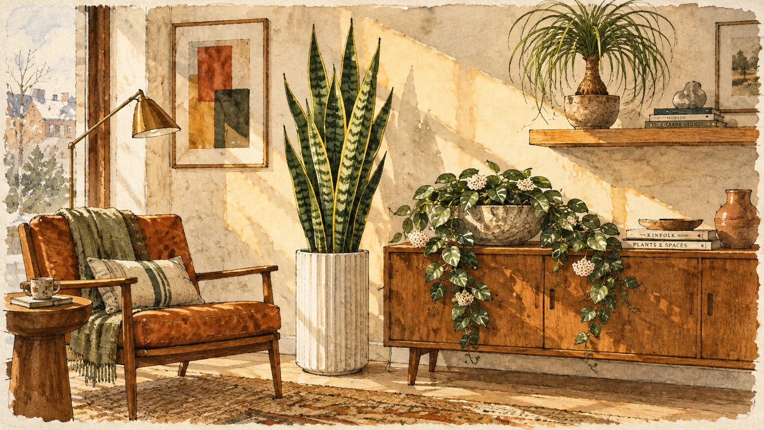 Watercolor illustration of a sunlit living room featuring a tall snake plant, trailing greenery on a credenza, and an armchair.
