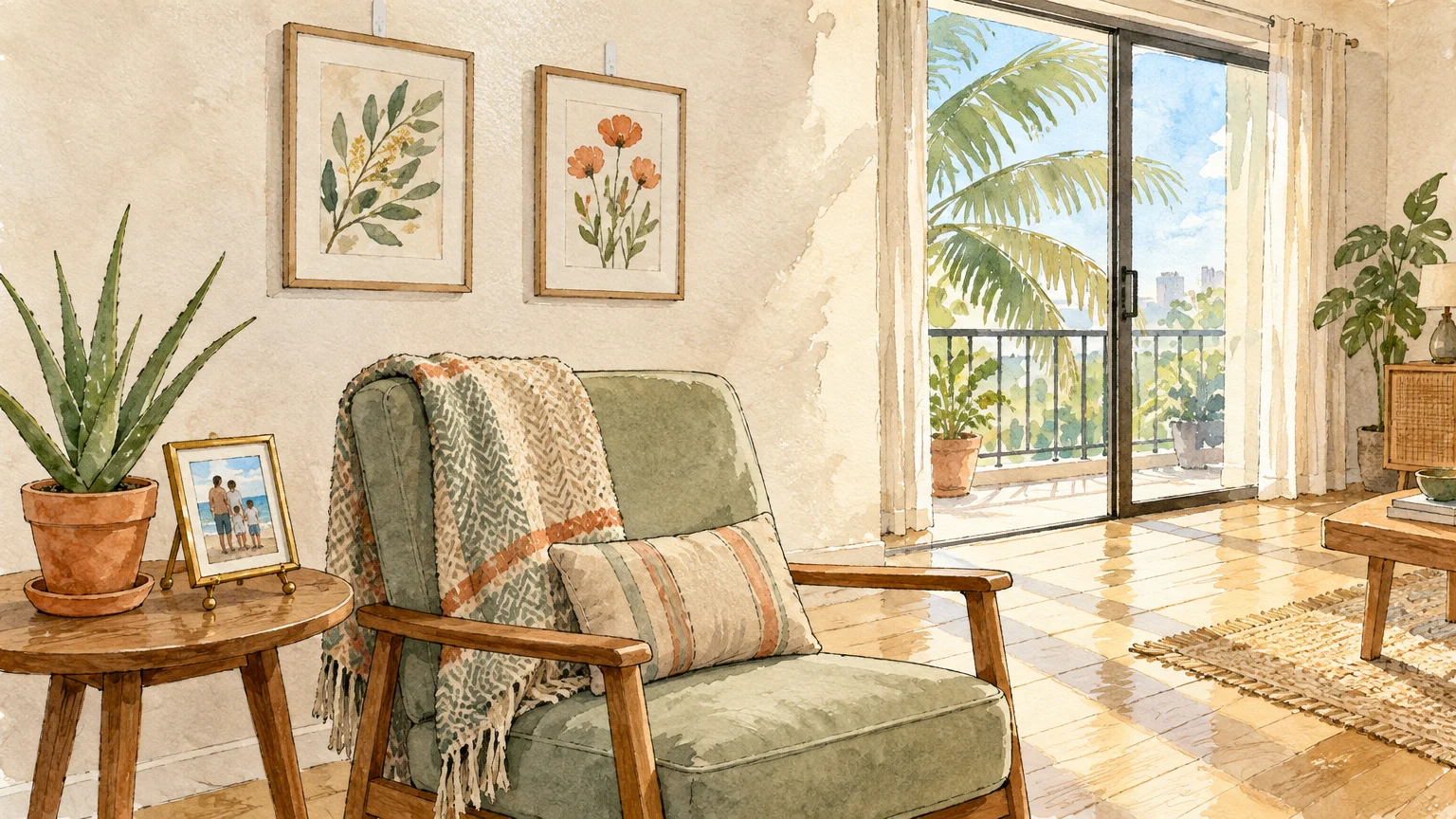 Watercolor illustration of a sunlit living room featuring an armchair with a patterned throw blanket and balcony doors.