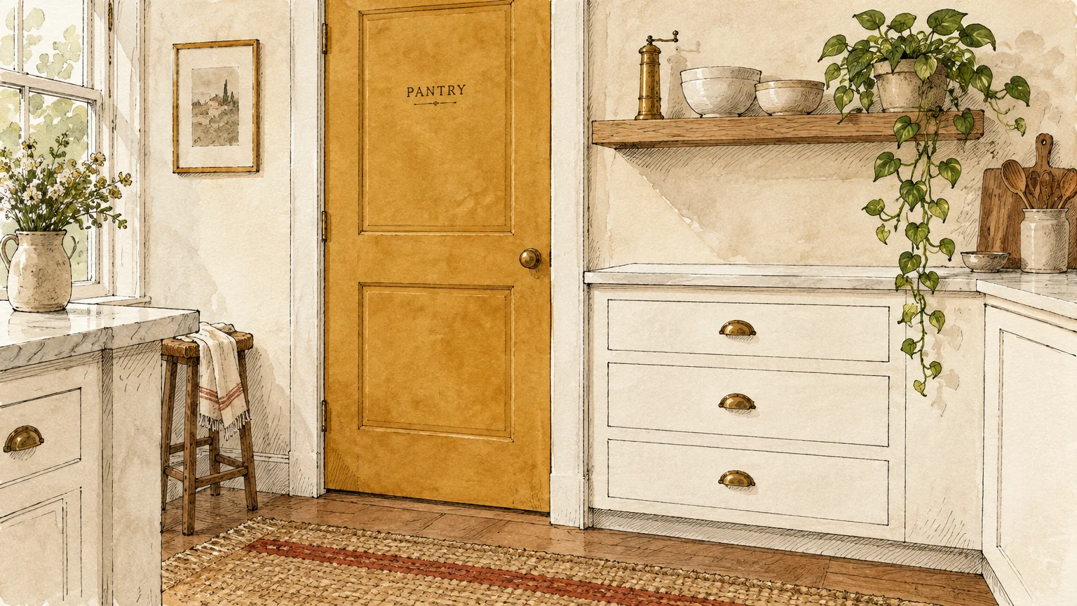 Watercolor illustration of a kitchen with white cabinets, a mustard yellow pantry door, an open shelf, and houseplants.