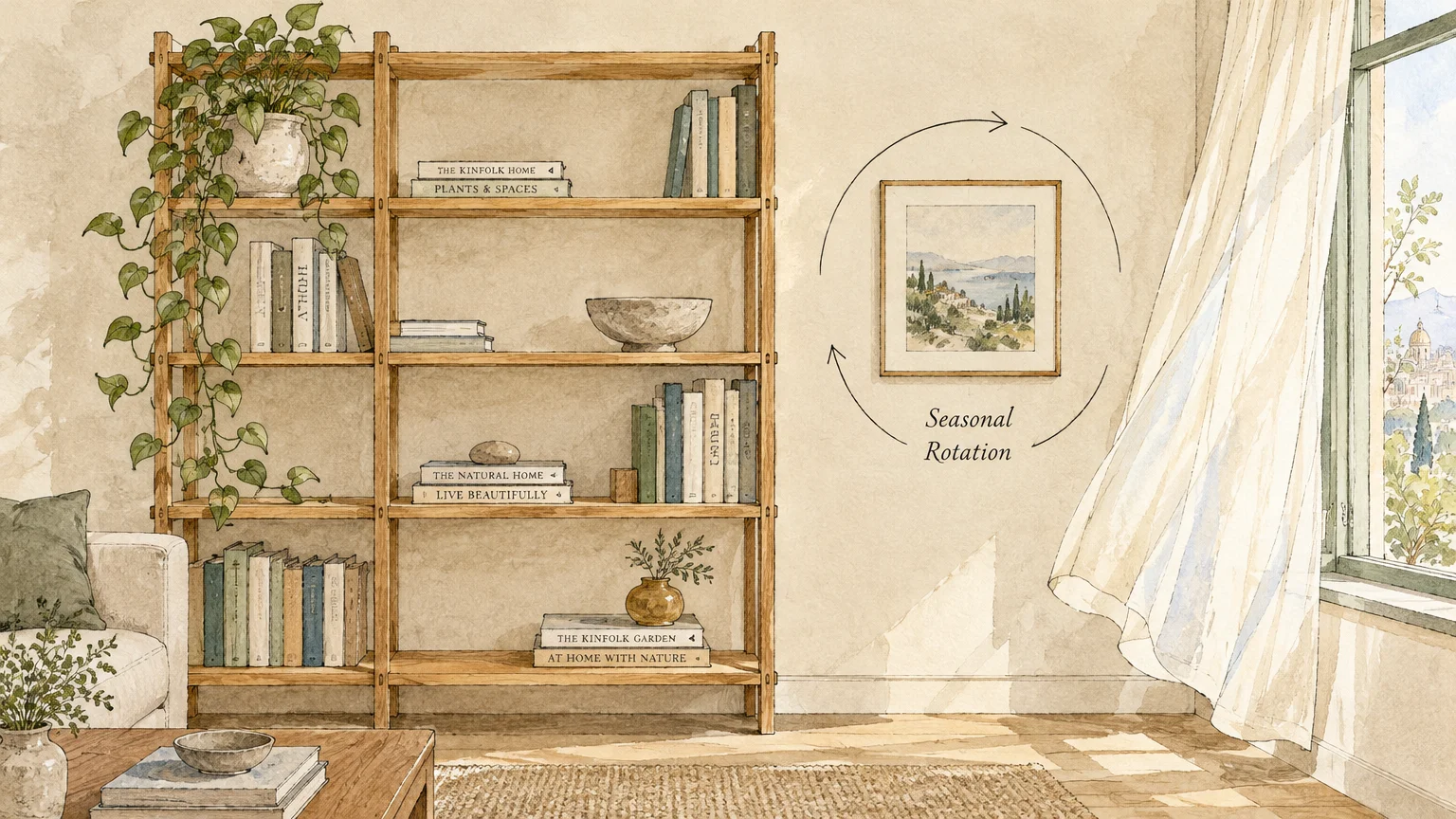Watercolor illustration of a wooden bookshelf beside framed wall art marked with circular arrows labeled Seasonal Rotation.