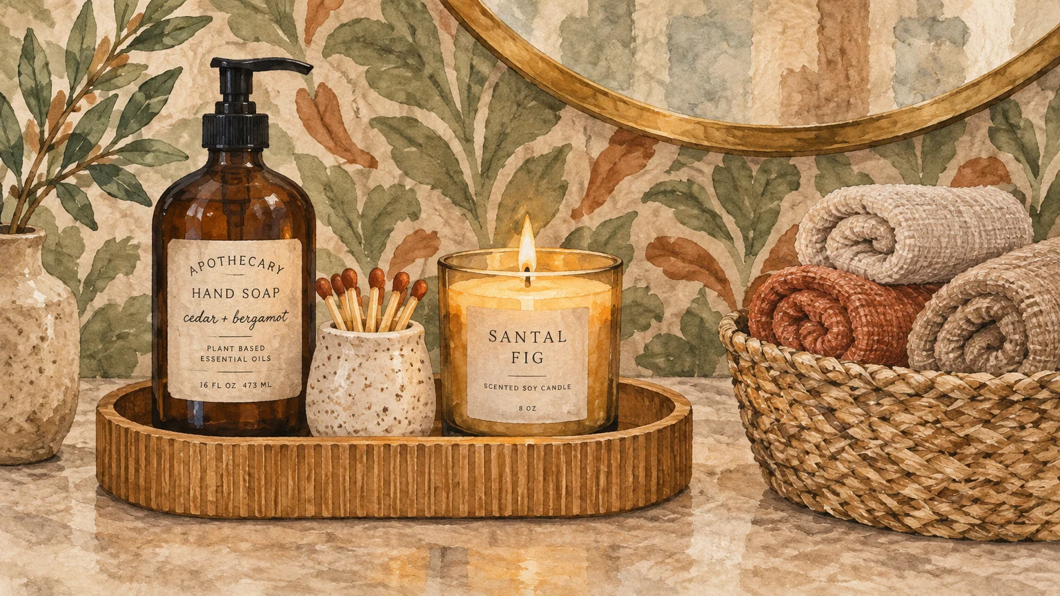 Watercolor illustration of hand soap, matches, a lit candle on a tray, and rolled waffle towels in a woven basket.
